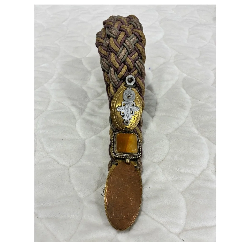 Vintage Braided Woven Belt with Decorative Stones and Metal Accents Boho Style‎
